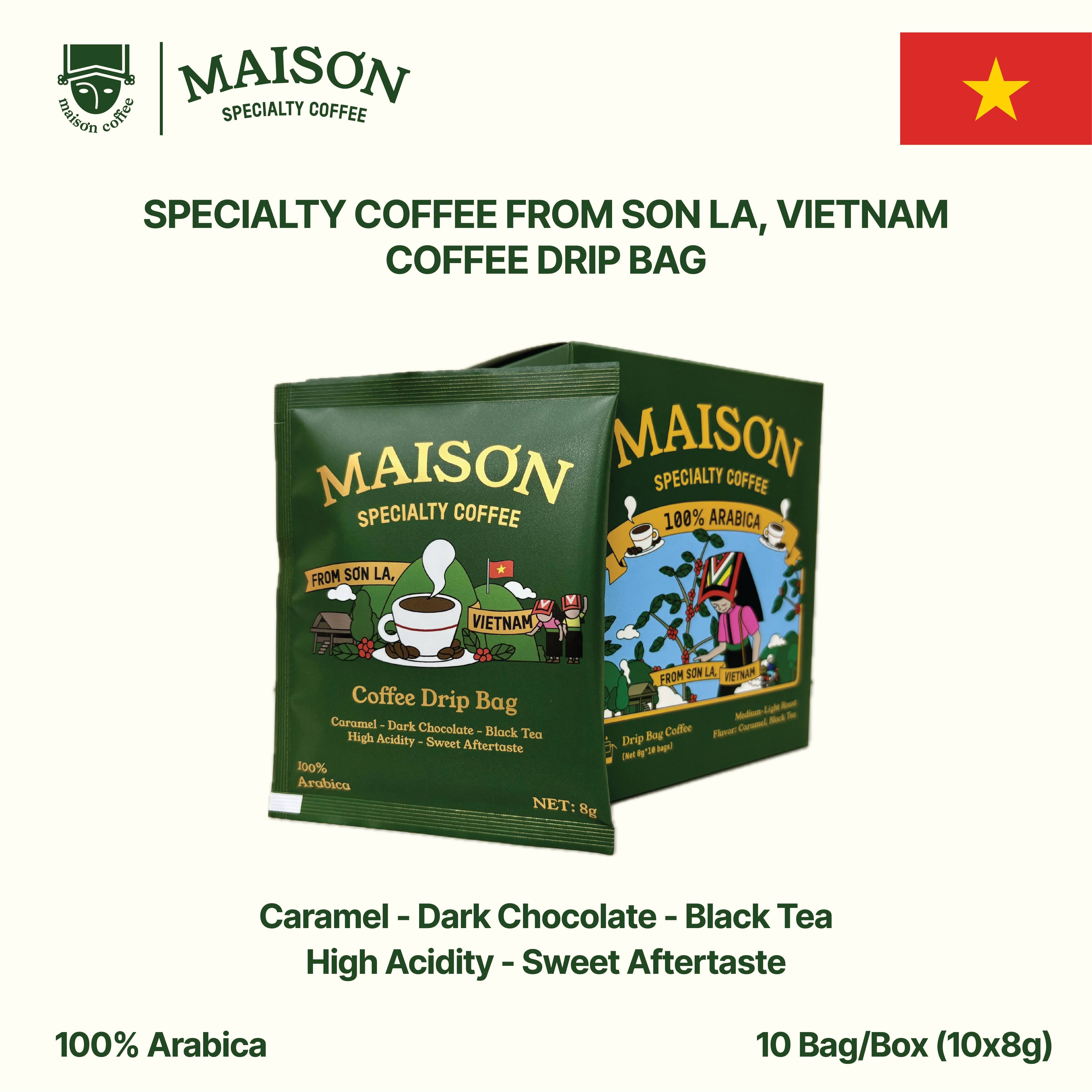 Box of 10 Maison Specialty drip coffee bags from Sơn La, Vietnam